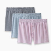 Three pairs of tech varsity slim fit boxers in Captain Stripe. Comes in pink, navy and green.