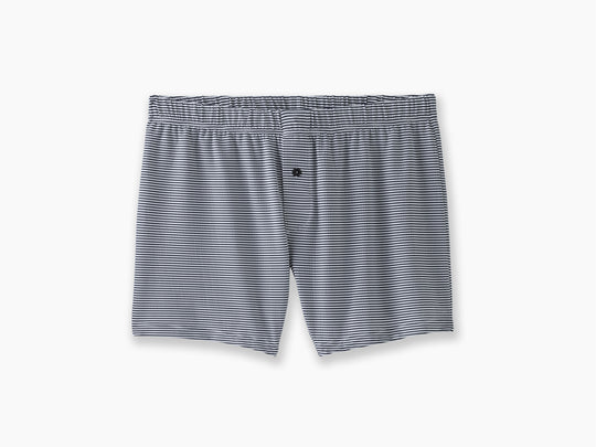 A pair of tech varsity slim fit boxers in  navy Captain Stripe sitting flat against light grey background.