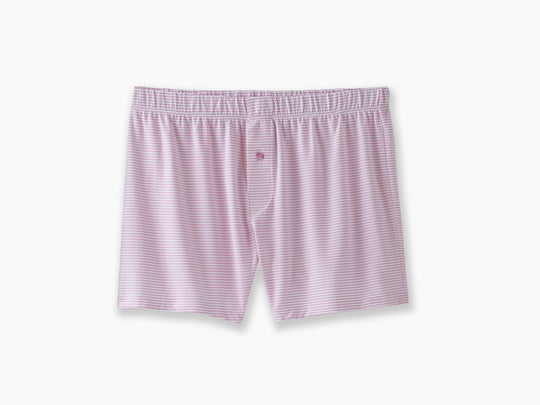 A pair of tech varsity slim fit boxers in  pink Captain Stripe sitting flat against light grey background.