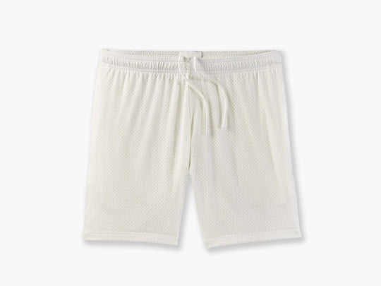 Cream 6 inch lounge short with drawstring laid flat on grey background.