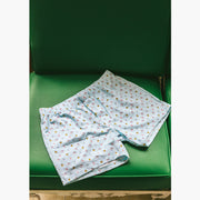 Light Blue Doghouse slim fit boxer (orange with small icons like dog house, golf clubs, card etc) sitting on a green chair.