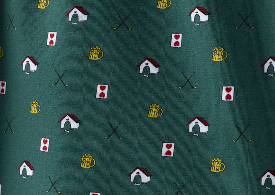 Close up detail shot of green Doghouse slim fit boxer (green with small icons like dog house, golf clubs, card etc)
