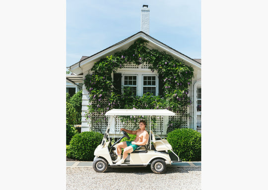 Shirtless man riding a golf cart wearing a green Doghouse slim fit boxer (green  with small icons like dog house, golf clubs, card etc)