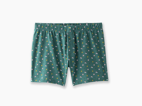 A pair of hunter Doghouse slim fit boxers sitting flat on light grey background. Boxers have doghouse, golf clubs, and cards printed in small repeating pattern.