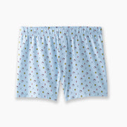 A pair of light blue Doghouse slim fit boxers sitting flat on light grey background. Boxers have doghouse, golf clubs, and cards printed in small repeating pattern.