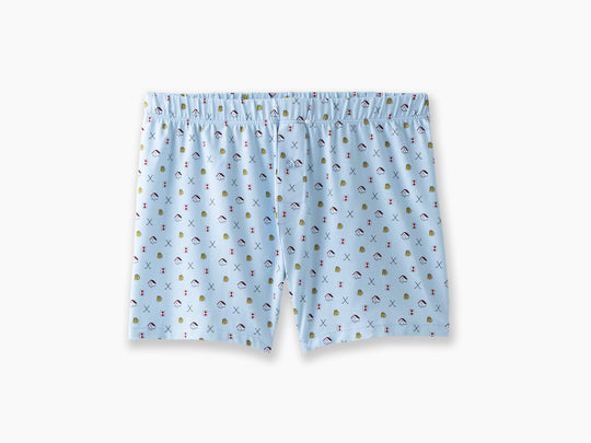 A pair of light blue Doghouse slim fit boxers sitting flat on light grey background. Boxers have doghouse, golf clubs, and cards printed in small repeating pattern.