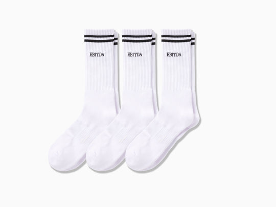 Three pairs of white crew socks against light grey background. Socks have back stripes and word "EBITA" printed on in small font under the stripes.