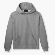 Heather Grey Fieldhouse Hoodie laid flat on light grey background. 