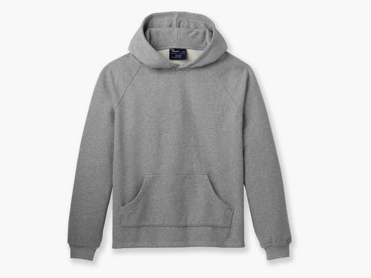 Heather Grey Fieldhouse Hoodie laid flat on light grey background. 