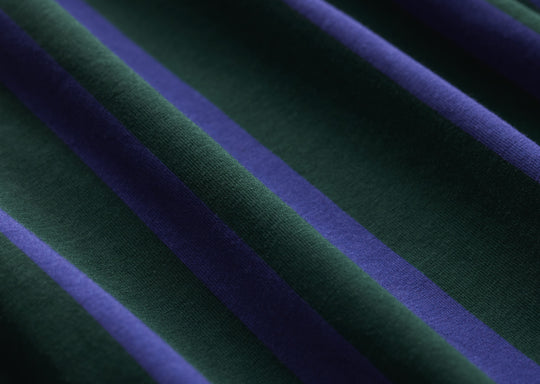 Close up detail shot of hunter/purple stripe slim fit boxer.