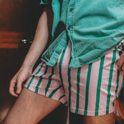 Close up shot of man wearing green shirt and green/pink stripe slim fit boxers.