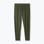 Pair of olive green lounge pants on a light grey background.