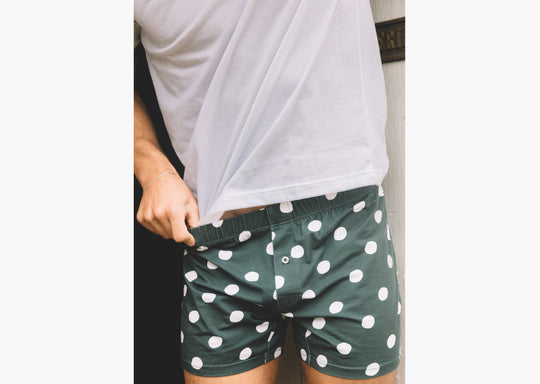 Close up shot of man wearing green slim fit boxers with white dots.