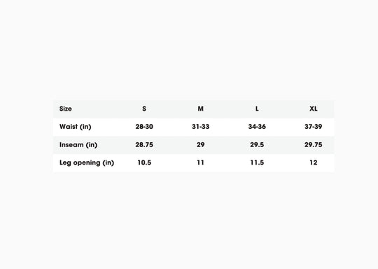 A size chart showing various sizes of Nice Laundry lounge pant. Size Small = 28-30in waist, 28.75in inseam and 10.5 inch leg opening. Medium is 31-33in waist, 29in inseam and 11in leg opening. Large is 34-36in waist, 29.5  in inseam and 11.5in leg opening. Extra Large is 37-39in waist, 29.75 in inseam, and 12in leg opening.