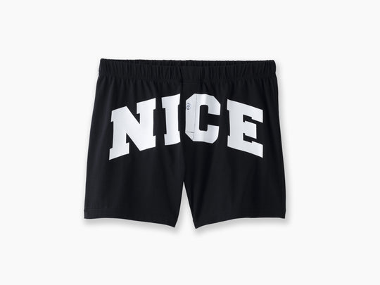 Pair of black slim fit boxers with the words "NICE" in big bold white font.
