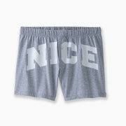 Pair of grey slim fit boxers with the words "NICE" in big bold white font.