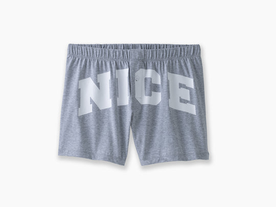 Pair of grey slim fit boxers with the words "NICE" in big bold white font.