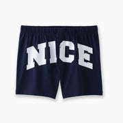Pair of navy blue slim fit boxers with the words "NICE" in big bold white font.