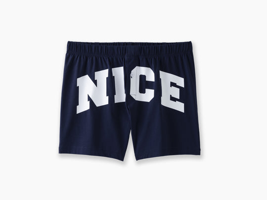 Pair of navy blue slim fit boxers with the words "NICE" in big bold white font.