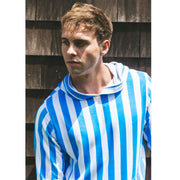 Close up of man  wearing blue and white stripped hoodie.