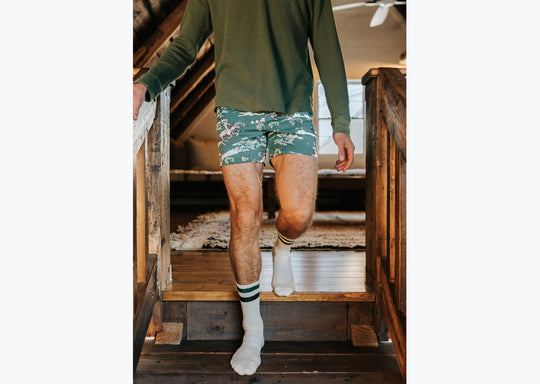 Close up of man walking down stairs wearing long sleeve green t-shirt and green slim fit boxers with clouds, horses and trees printed on.