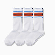 3 pairs of white Amalfi Athletic socks with blue and orange lines on cuff.