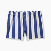Navy and cream stripe colored slim fit boxers laid flat on light gray background.