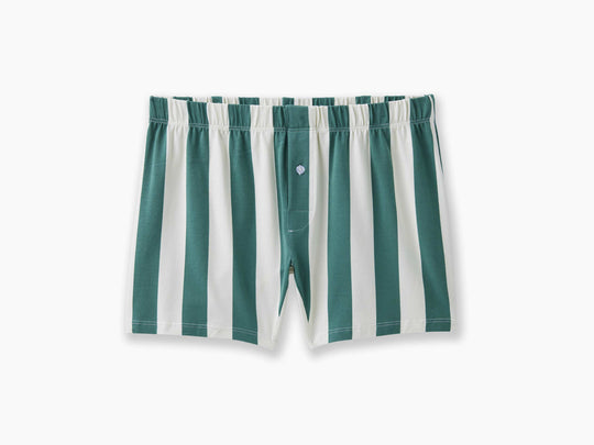 Hunter green and cream stripe colored slim fit boxers laid flat on light gray background.