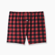 Pair of red and black checkered stripe slim fit boxers against a light grey background. 
