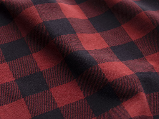 Close up detail shot of red/black buffalo check pattern found on slim fit boxers
