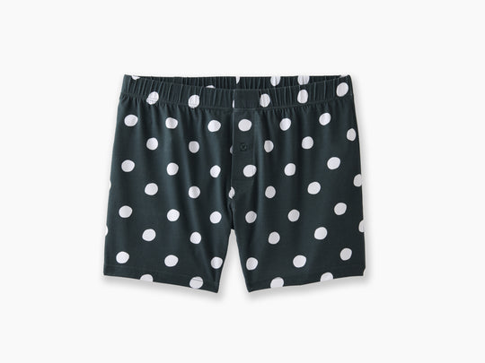 Pair of green slim fit boxers with white hand drawn dots on them.