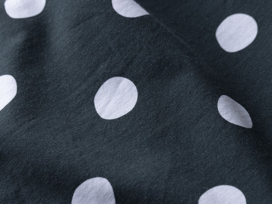 Close up detail shot of green slim fit boxer with white and drawn dots printed.