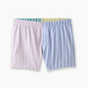 4 panel slim fit boxers with stripes in various colors such as grey, blue, green and yellow, laid flat on light grey background.