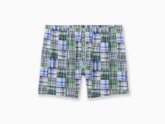 Green Madras Slim Fit Boxers laid flat against light grey background