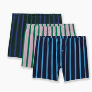 3 pairs of ivy stripe slim fit boxers against light grey background. One is navy, one is pink/green, and one is hunter/purple. 
