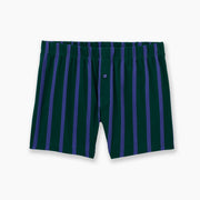 Hunter green and purple stripe slim fit boxer flat against light grey background