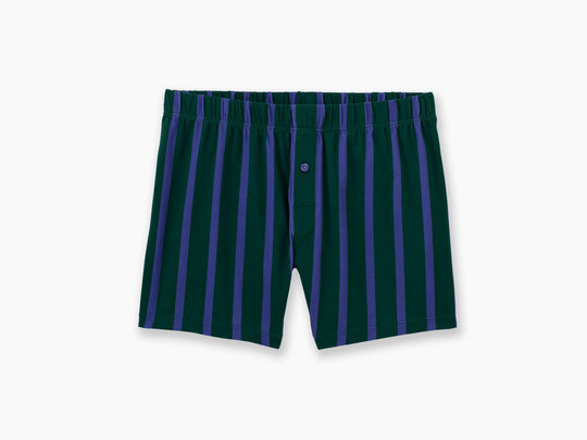 Hunter green and purple stripe slim fit boxer flat against light grey background