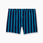 Pair of dark/light navy stripe slim fit boxer against light grey background.
