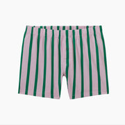 Pair of pink/green stripe slim fit boxer laid flat on light grey background.