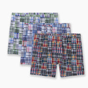 3 pairs of madras slim fit boxers (blue, green, classic) laid flat on light grey background