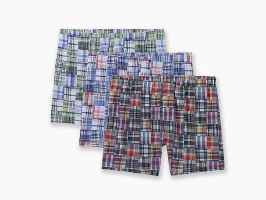 3 pairs of madras slim fit boxers (blue, green, classic) laid flat on light grey background