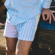 Close up shot of man standing in front of car and house wearing Pastel Stripe slim fit boxer and light blue dress shirt.