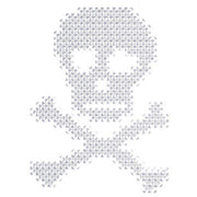 Needlepoint embroidery of a white skull and cross-bones.