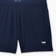 Navy blue pocket lounge short with goat embroidery on bottom right of leg.