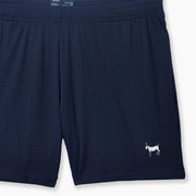 Navy Blue pocket lounge short with goat embroidery on bottom right of leg.