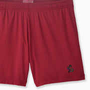 Burgundy pocket lounge short with serpent embroidery on bottom right of leg.