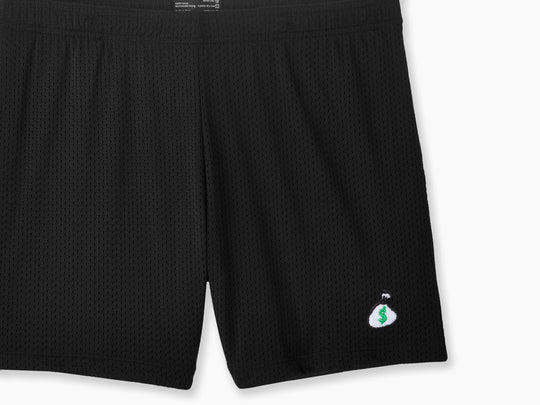 Black pocket lounge short with money bag embroidery on bottom right of leg.