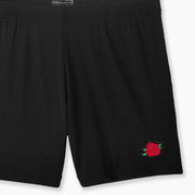 Black pocket lounge short with rose embroidery on bottom right of leg.