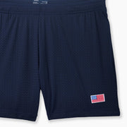 Navy Blue pocket lounge short with American flag embroidery on bottom right of leg.