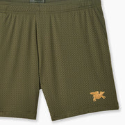 Olive pocket lounge short with gold flying pig flag embroidery on bottom right of leg.